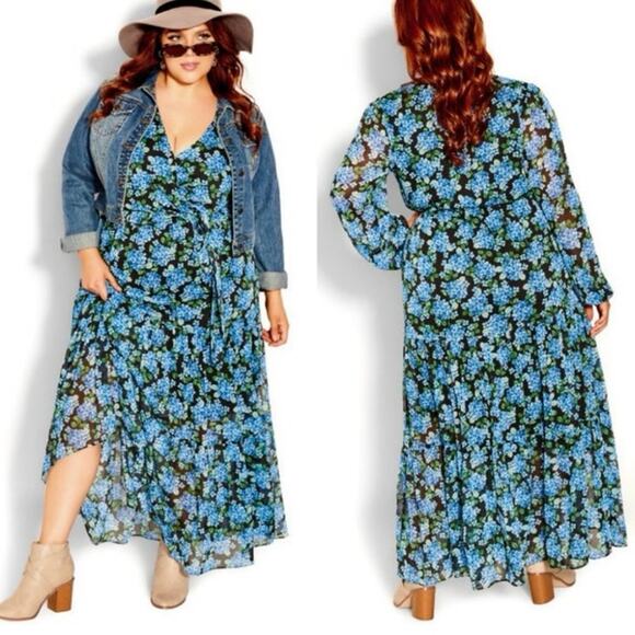 CITY CHIC Blue Bunch Floral Long Sleeve Maxi Dress Size 22 New w/ Tag MSRP $139 - Picture 1 of 14
